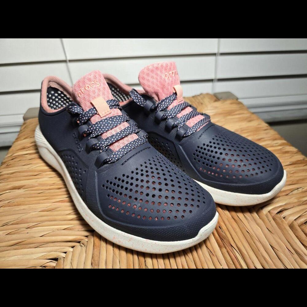 Crocs LiteRide Pacer Lace Up Comfort Shoes WOMENS Size 9 Navy Blue White Pink